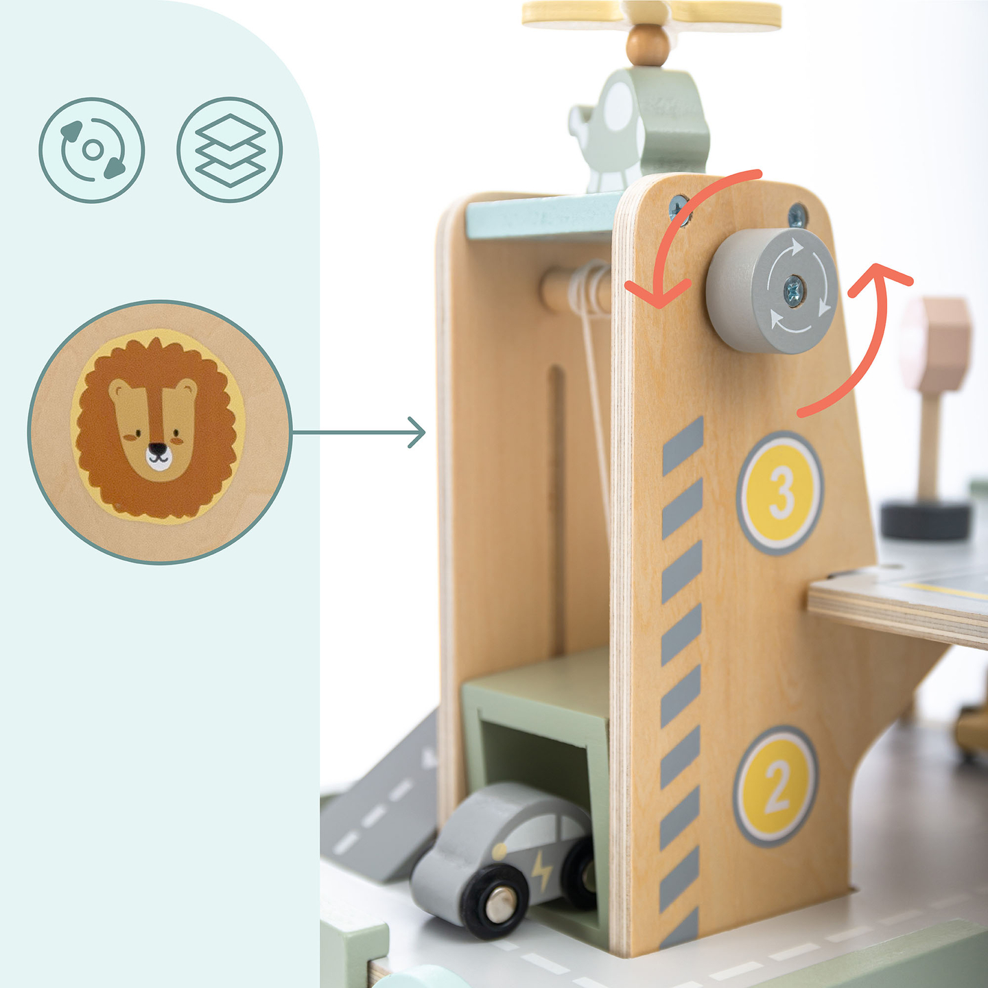 Garagem de madeira de três andares para crianças com acessórios – estacionamento, posto de gasolina, lava-rápido, helicóptero