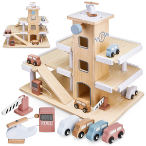 Estacionamento de três níveis em madeira com elevador - garagem para carros e helicóptero