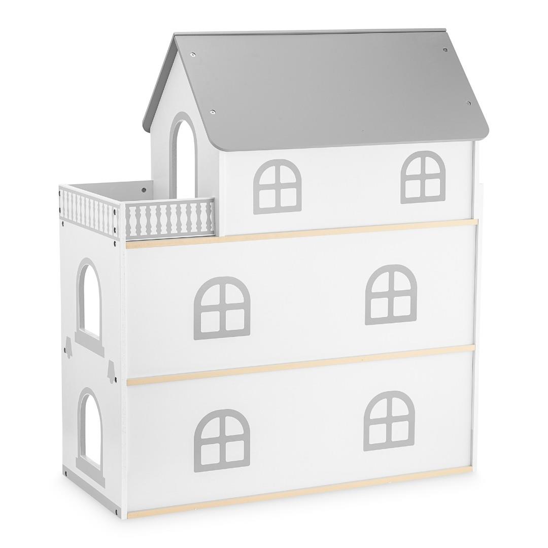 Casa de bonecas de madeira branca com terraço e acessórios