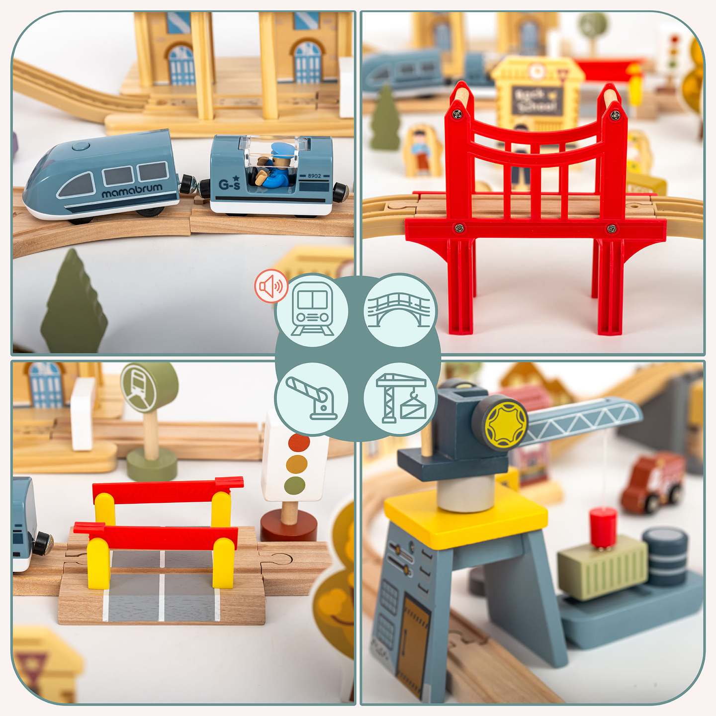 Ferrovia urbana de madeira com trem elétrico - guindaste móvel, navio, pontes