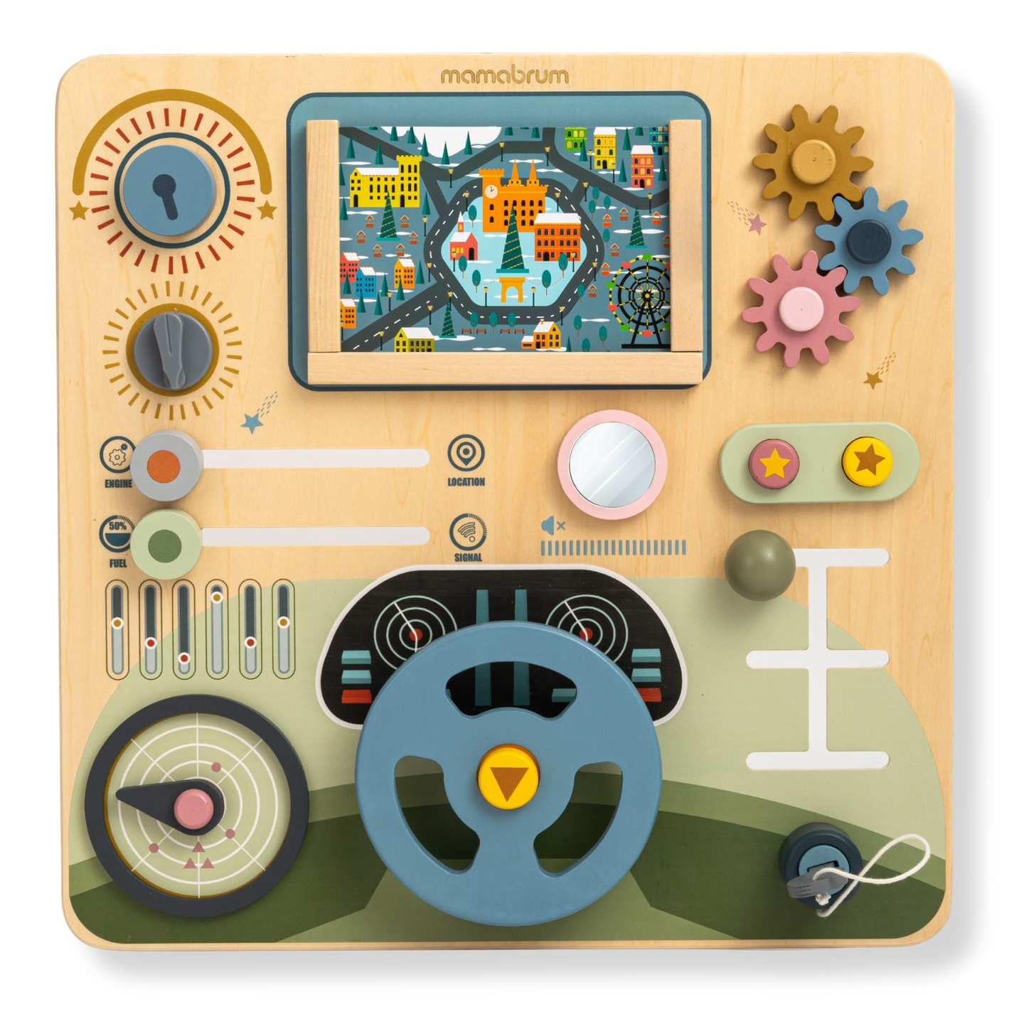 Tábua Montessori de madeira 2 em 1 Cockpit para o Pequeno Motorista e Piloto – volante, câmbio, mapas de viagem, radar