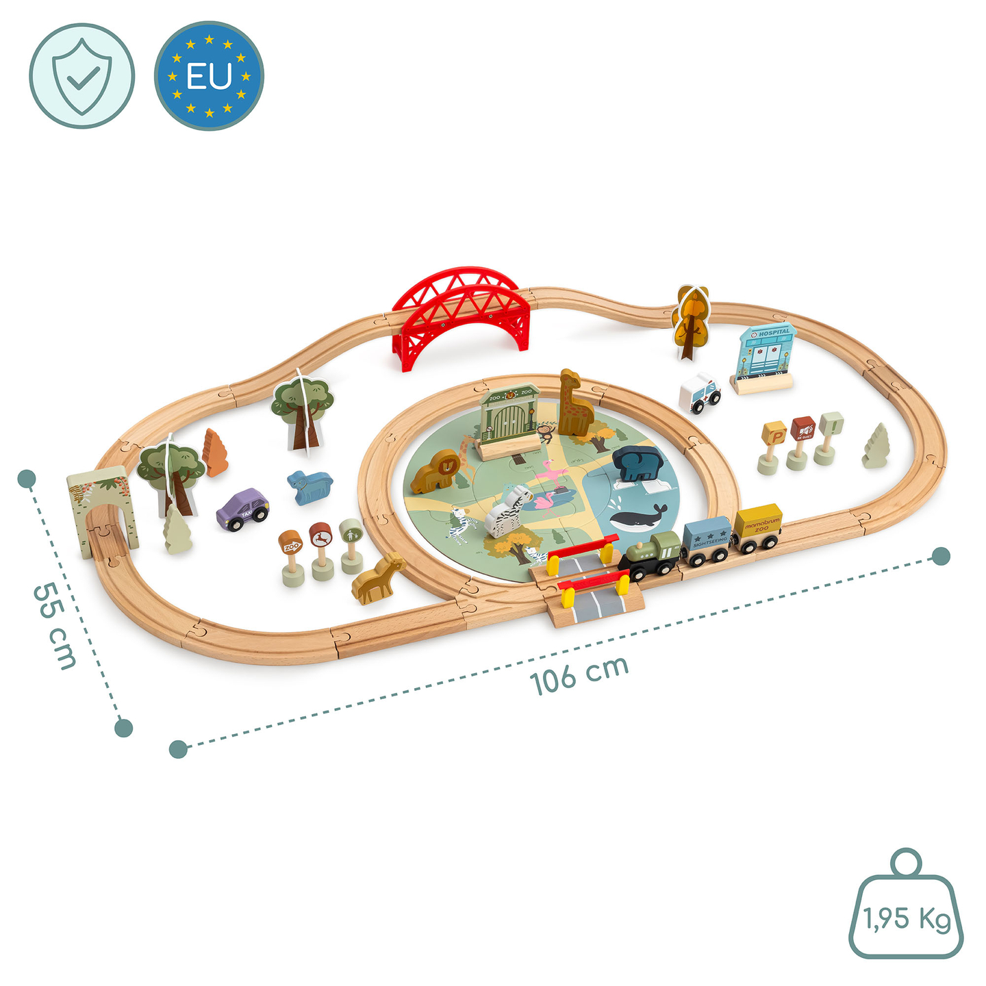Trem de madeira do zoológico – quebra-cabeça, trem, trilhos, animais, ponte, barreira
