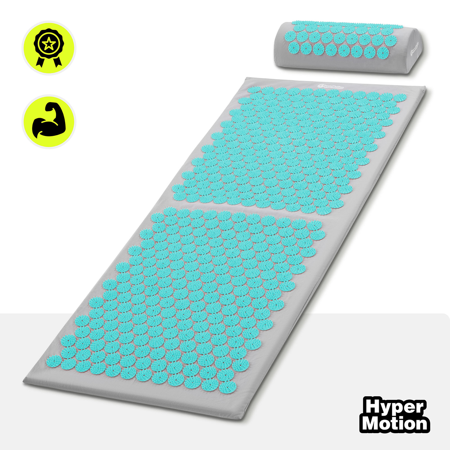 Tapete de acupressão grande com almofada e capa - 130 cm HyperMotion cinza-menta