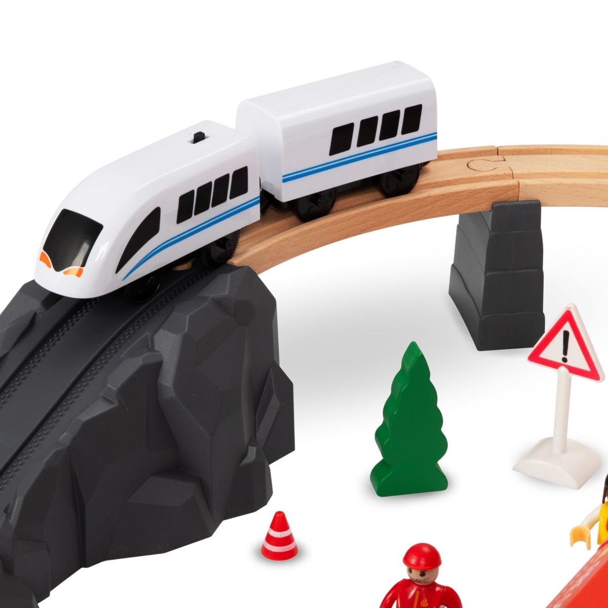 Trem de madeira, trem movido a bateria - Corpo de Bombeiros, trilhos, carros, pontes, barreira