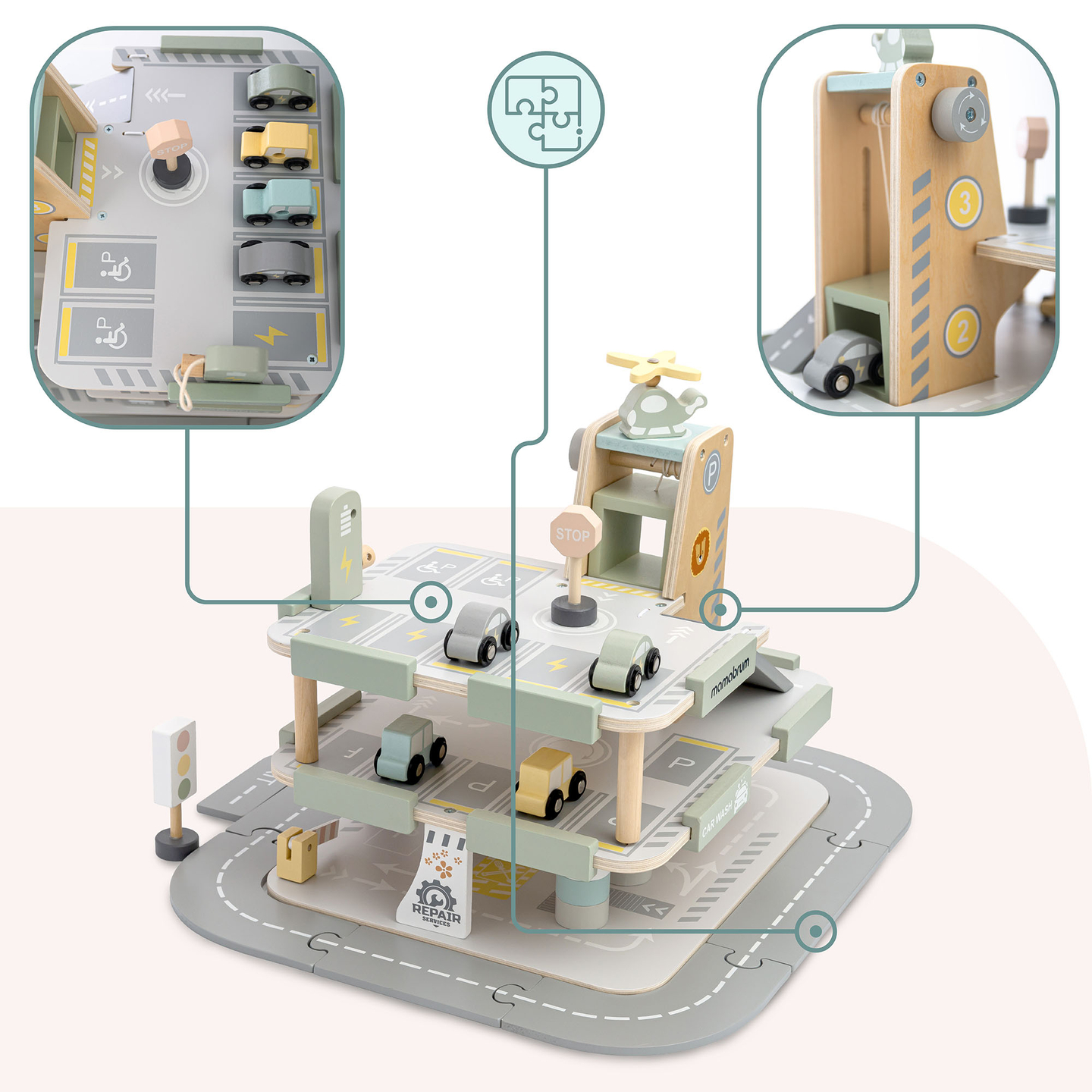 Garagem de madeira de três andares para crianças com acessórios – estacionamento, posto de gasolina, lava-rápido, helicóptero