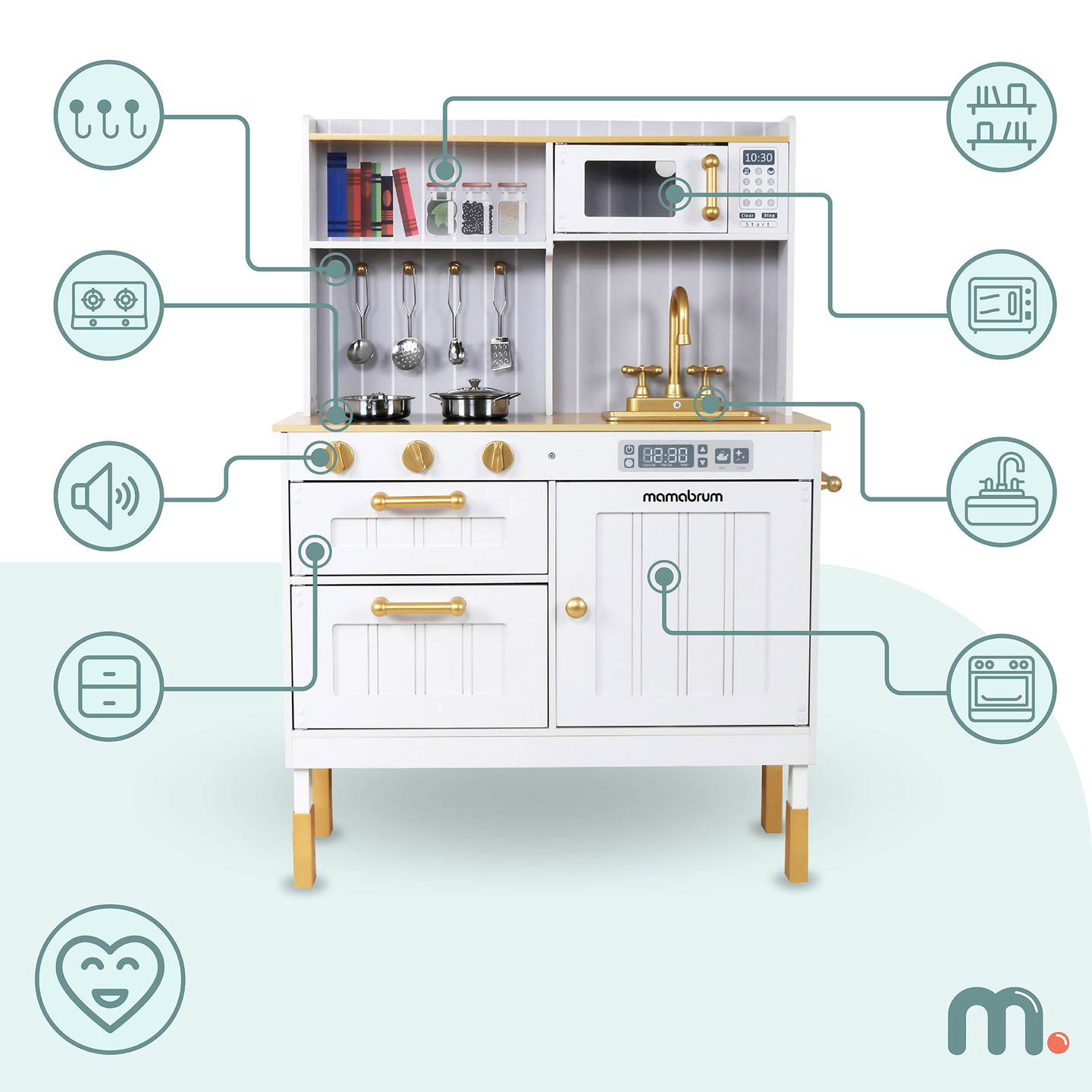 Cozinha branca em madeira com acessórios e avental