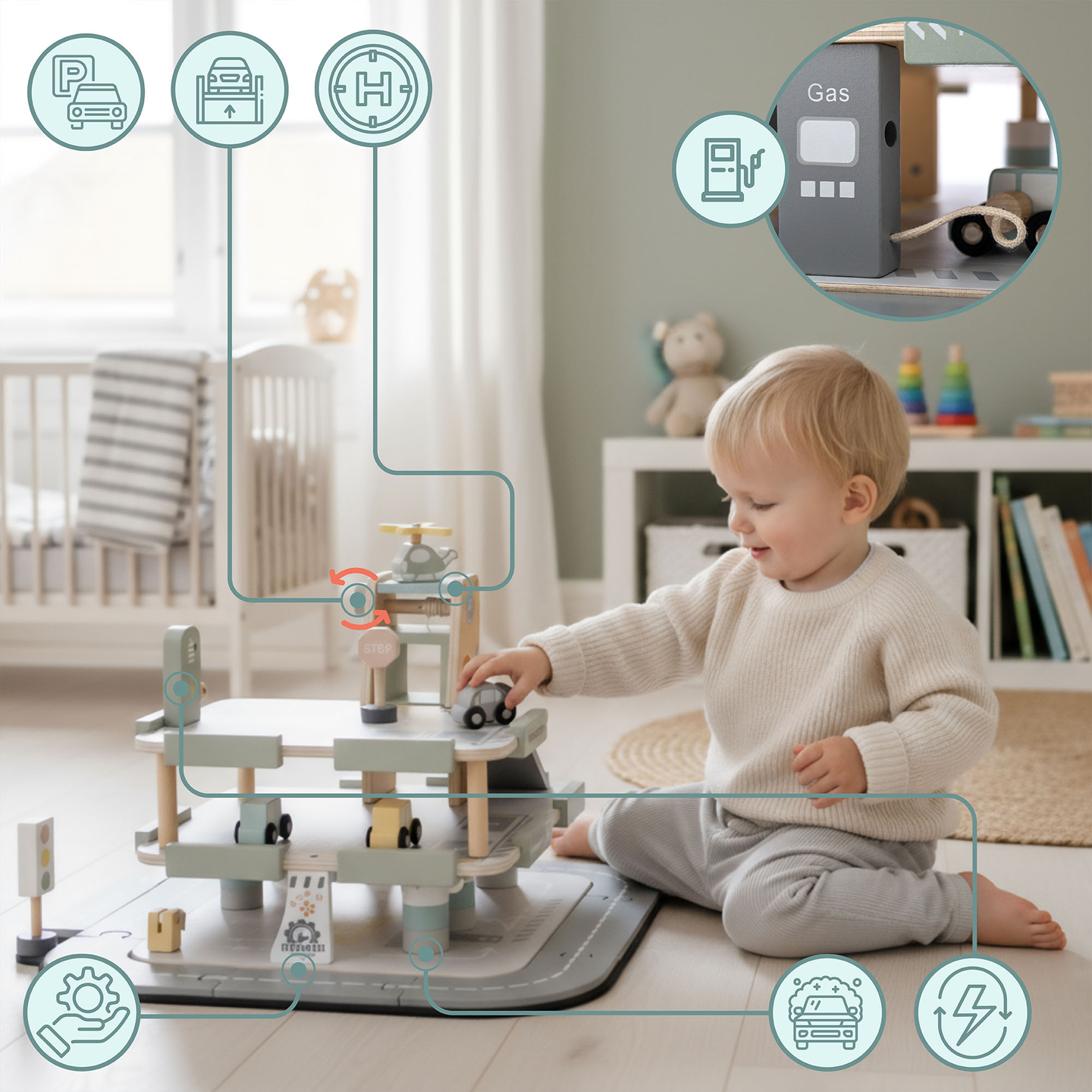 Garagem de madeira de três andares para crianças com acessórios – estacionamento, posto de gasolina, lava-rápido, helicóptero