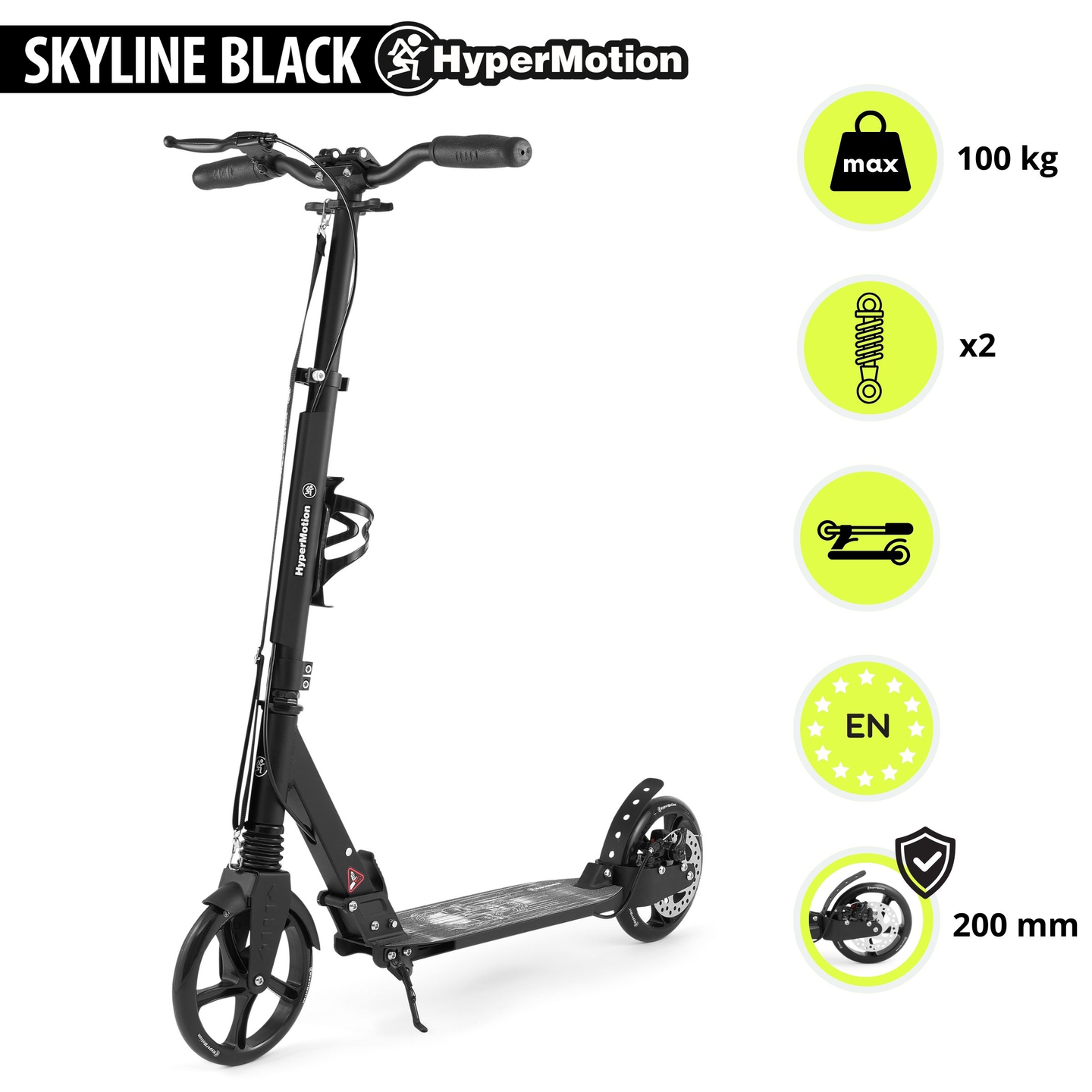 Trotinete de duas rodas para jovens adultos - com amortecedor - HyperMotion Skyline - preto, alumínio - 100kg