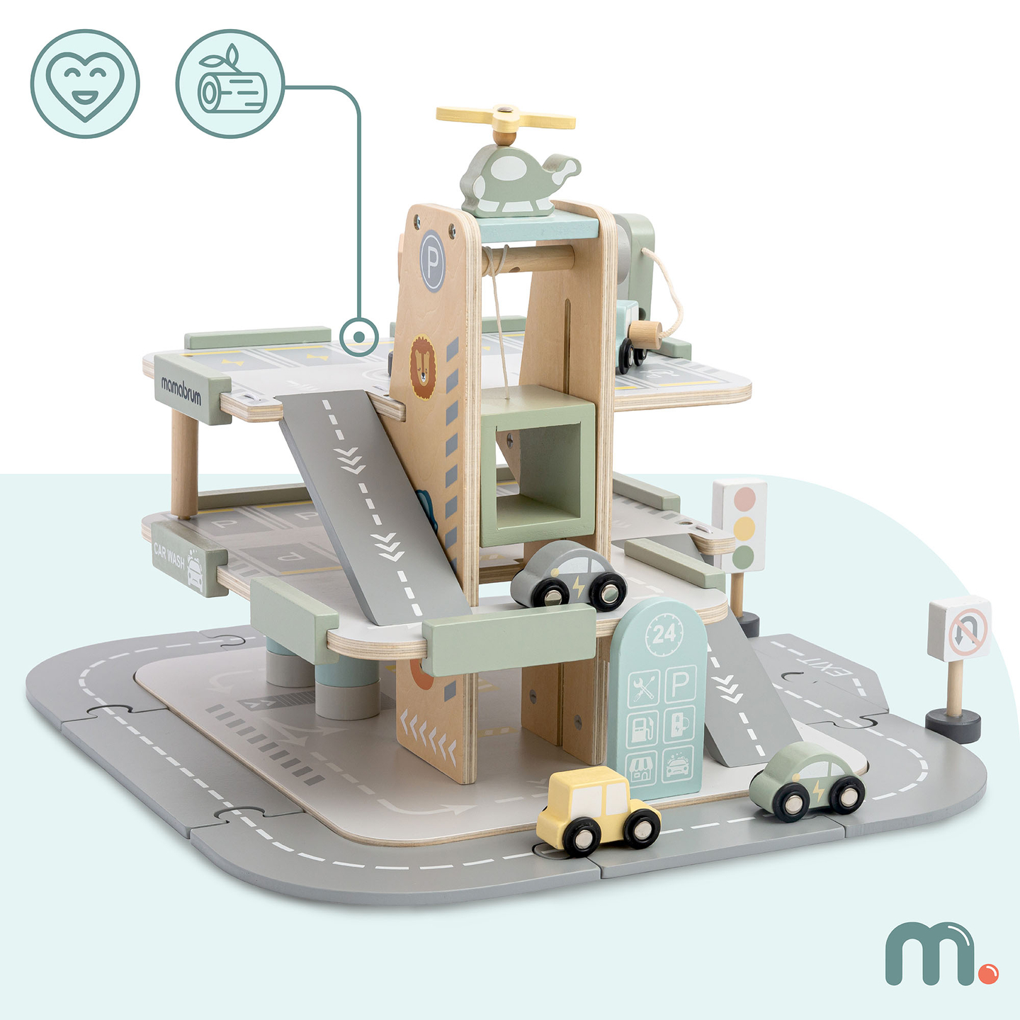 Garagem de madeira de três andares para crianças com acessórios – estacionamento, posto de gasolina, lava-rápido, helicóptero