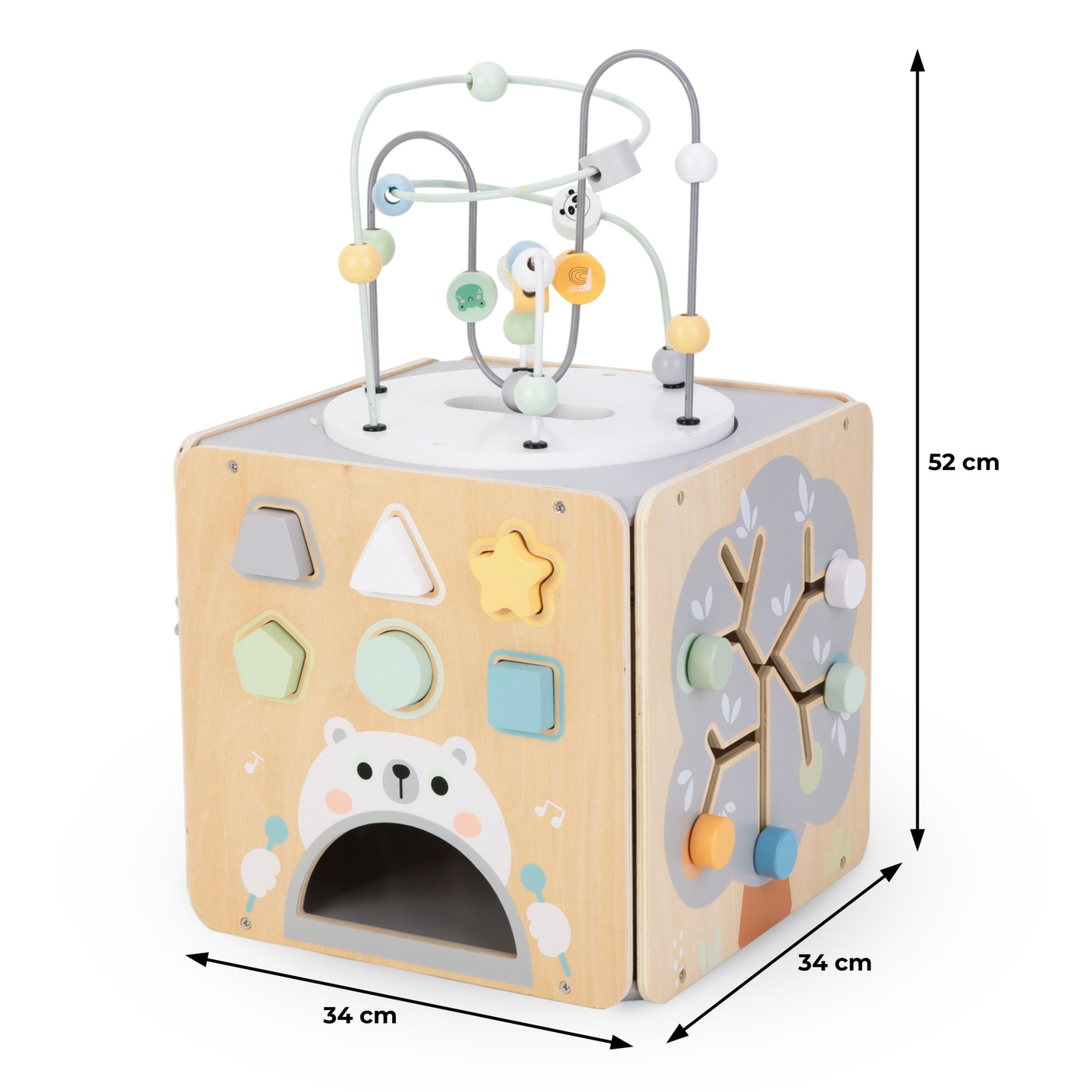 Grande cubo de atividades de madeira com laço - Montessori