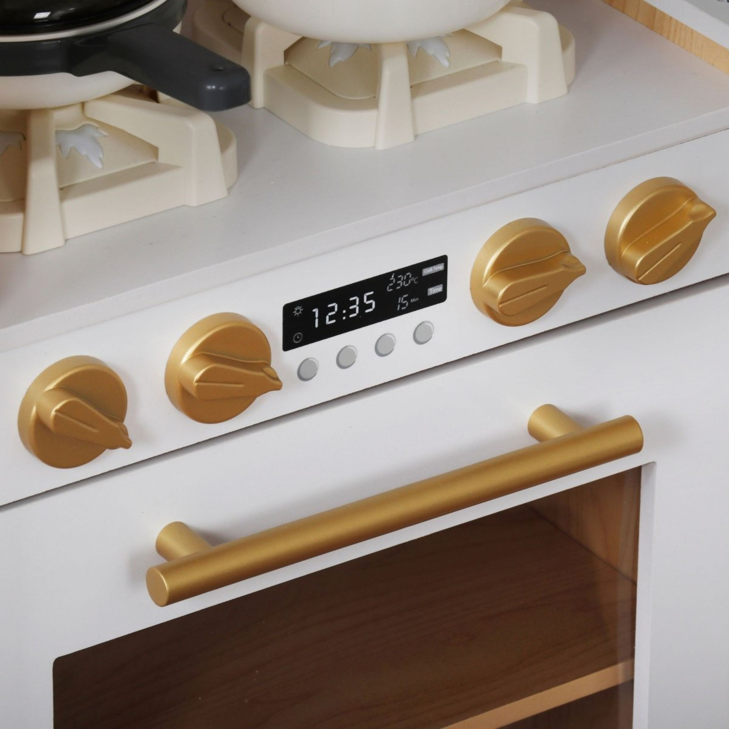 XXXXL grande cozinha interactiva de madeira com iluminação LED, máquina de lavar roupa, micro-ondas, máquina de café e conjunto de frutas e legumes - 50 elementos