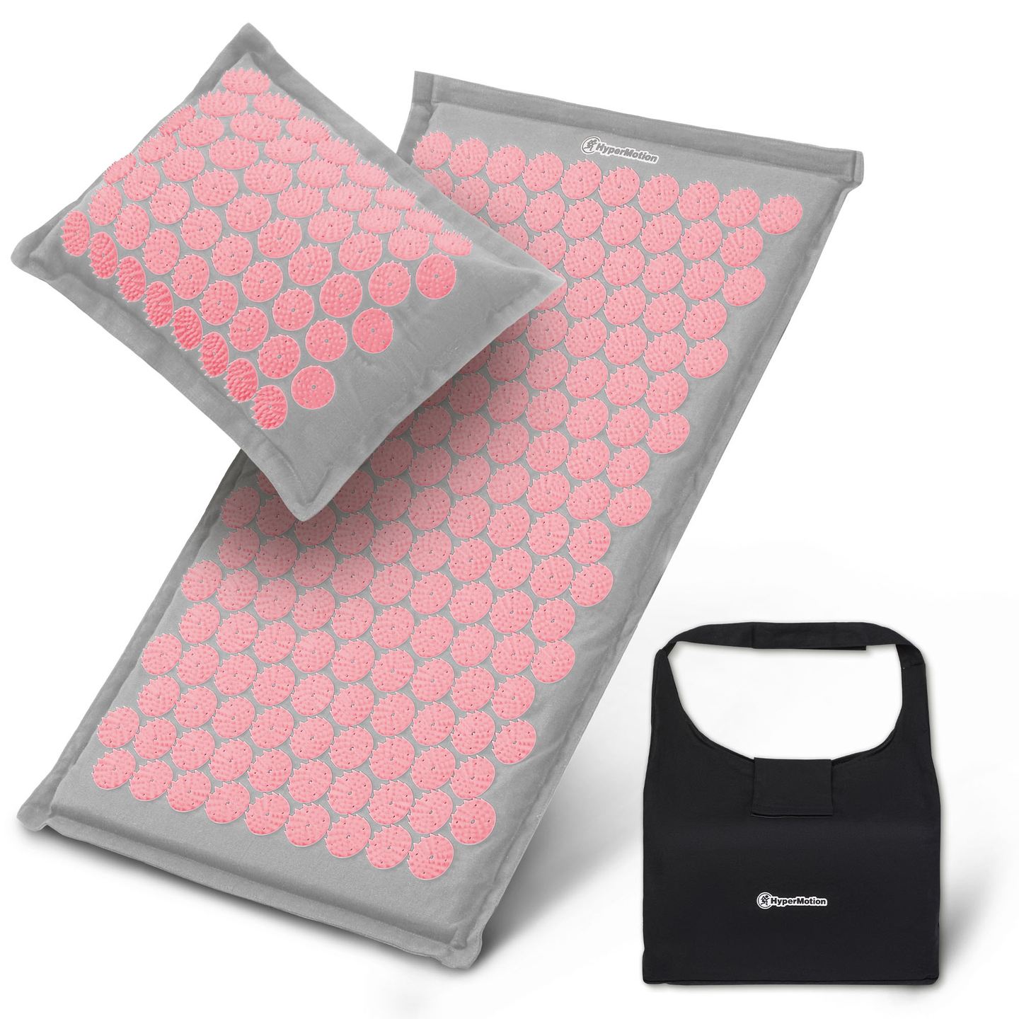 Tapete de acupressão em linho ecológico com fibra de coco e almofada de trigo sarraceno – 68 cm HyperMotion Cinza e Rosa