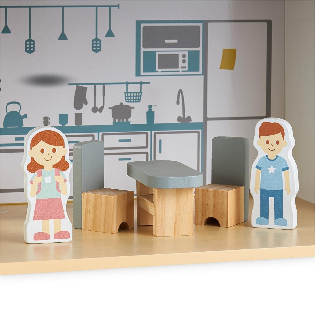 Casa de bonecas de madeira branca com terraço e acessórios