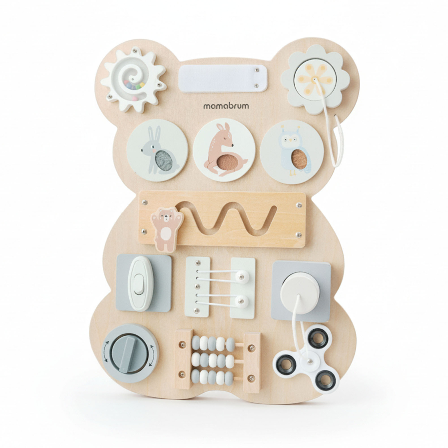 Quadro de atividades Montessori de madeira com ursinho de pelúcia - aprendizagem sensorial da independência: velcro, plugue, labirinto, botão com clique.