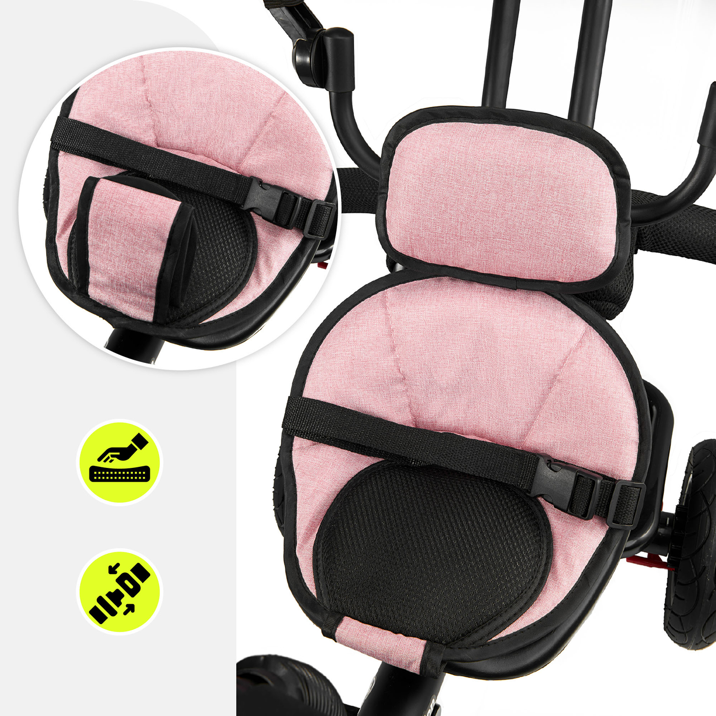 Triciclo para crianças de 1 a 4 anos - TOBI FREY - rosa - giratório - rodas infláveis + empurrador