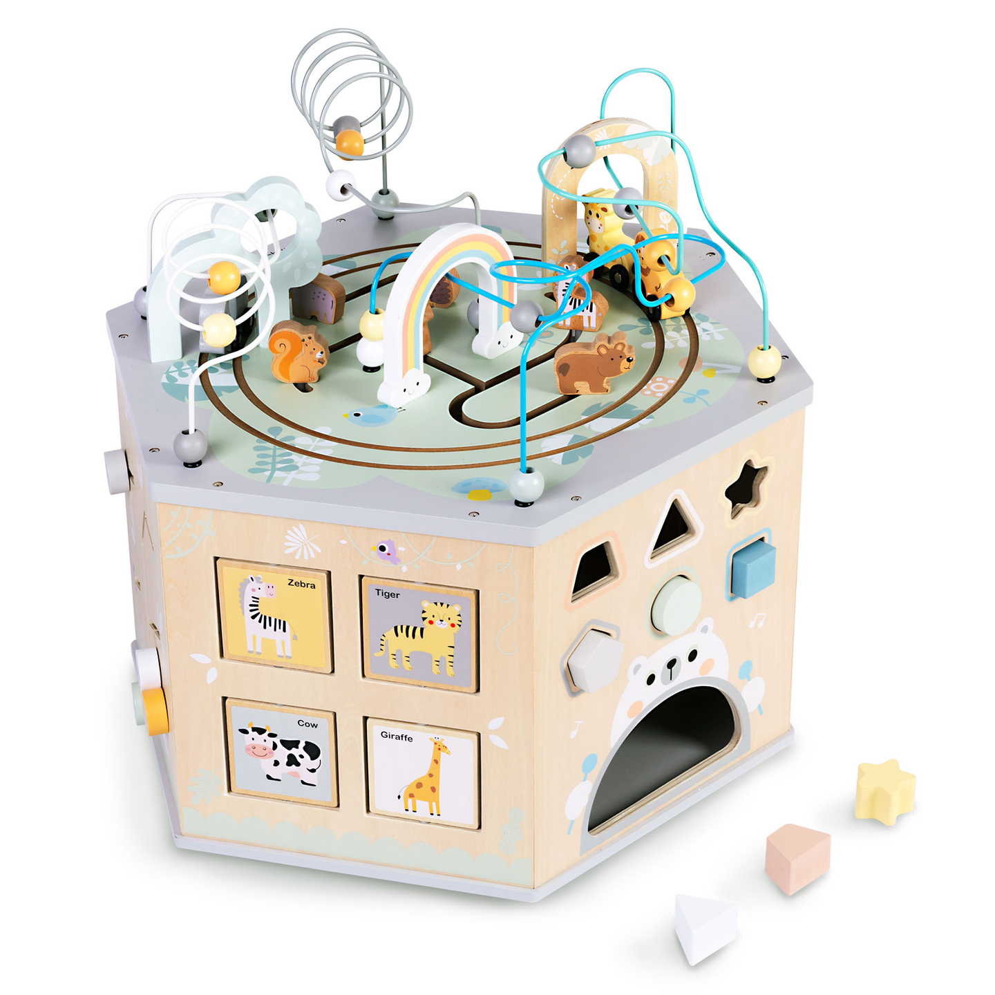 Grande cubo educacional de madeira - um brinquedo Montessori com um trem magnético e laços de motor