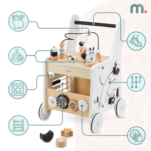 Carrinho de bebé de madeira 6em1, andarilho com função de mesa de aprendizagem