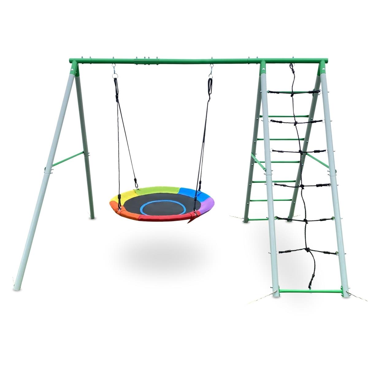 Parque infantil XL para crianças com baloiço de ninho de cegonha, escada e rede de escalada