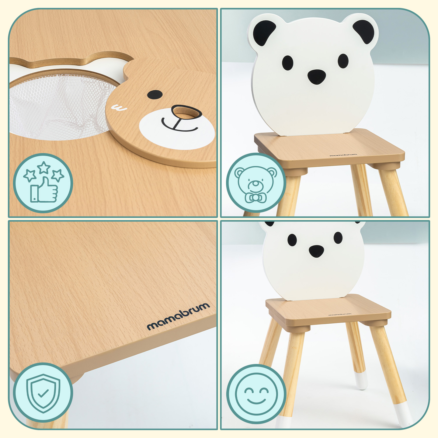 Mesa de madeira com armazenamento e 2 cadeiras Conjunto infantil - Ursinho de pelúcia fofo