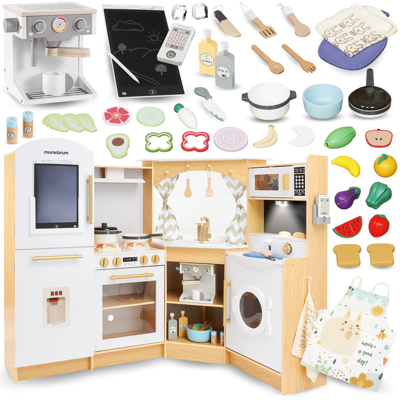 XXXXL grande cozinha interactiva de madeira com iluminação LED, máquina de lavar roupa, micro-ondas, máquina de café e conjunto de frutas e legumes - 50 elementos