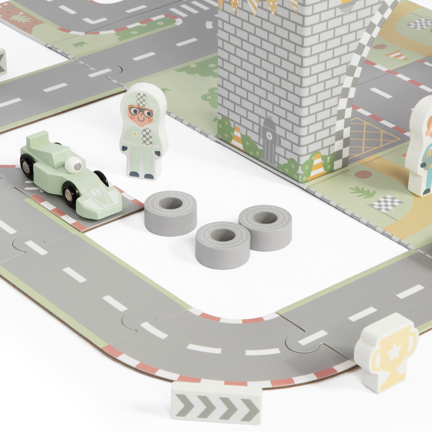 Mala magnética com pista de corrida, veículos de madeira e acessórios rodoviários