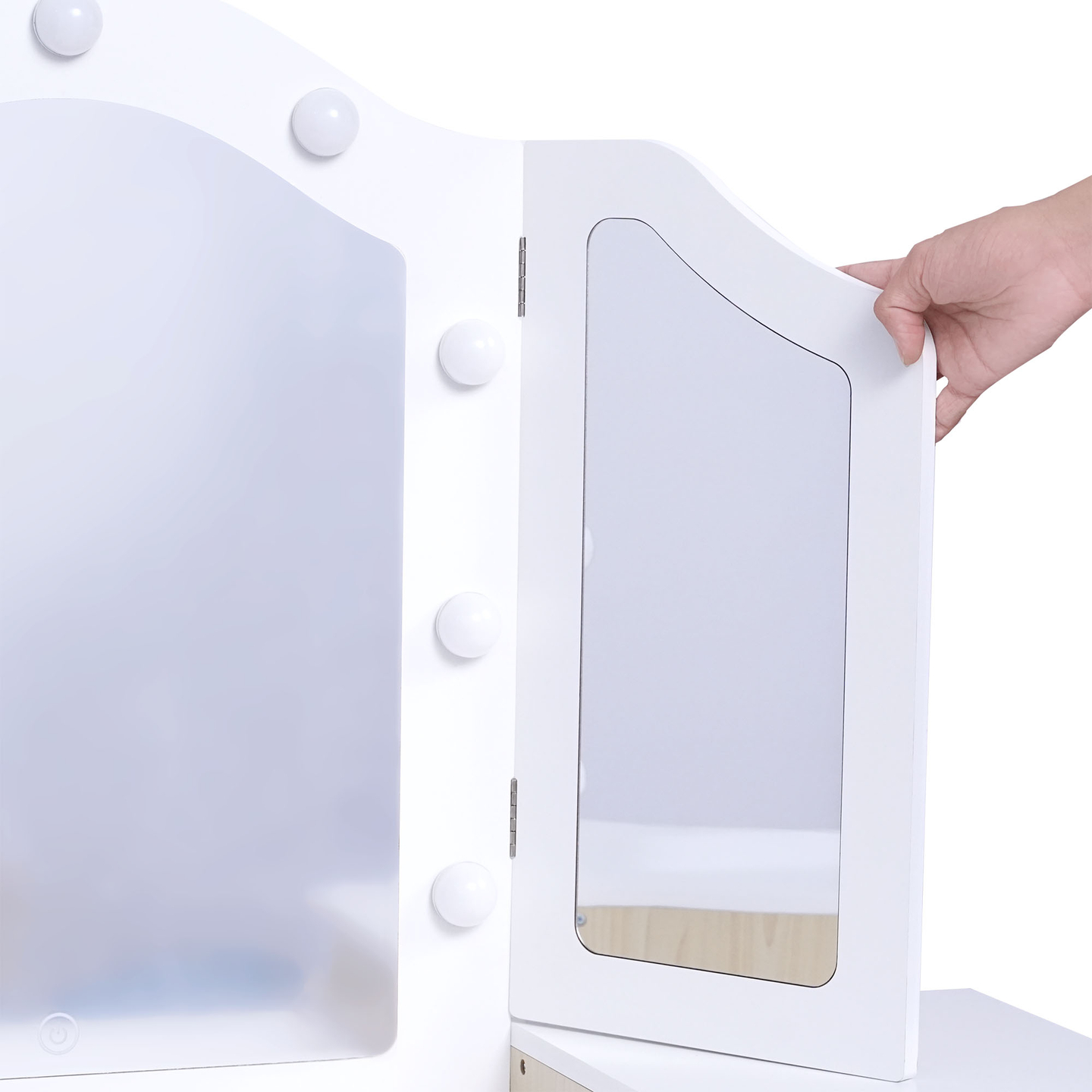 Penteadeira de madeira para crianças com cadeira, acessórios e iluminação LED