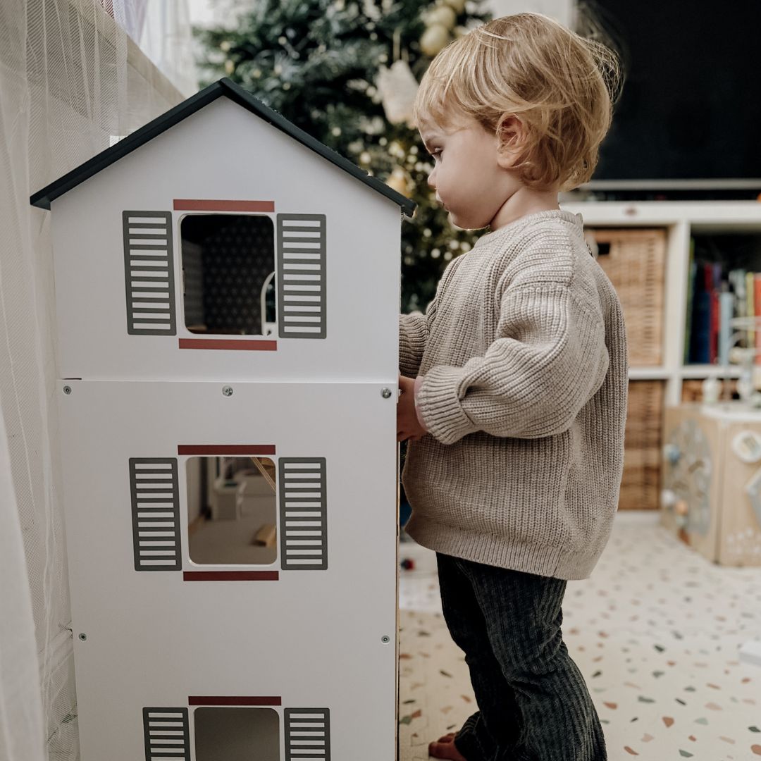 Casa de bonecas de madeira branca com acessórios 18 unid.