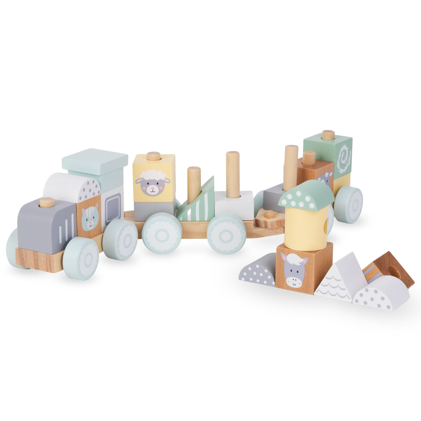 Trem de madeira com blocos para menino - Fazenda