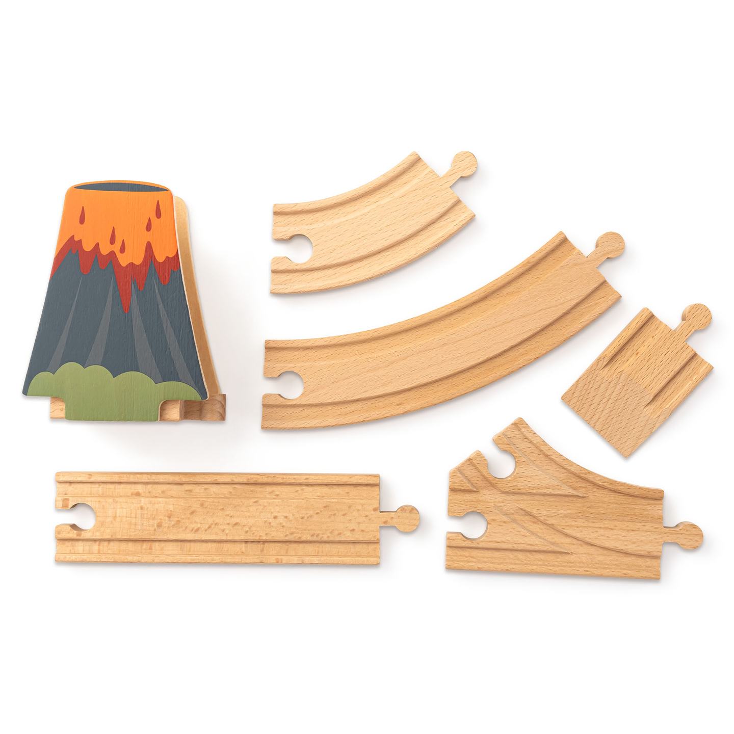 Trem de madeira Dino Park com tapete antiderrapante - dinossauros, trem, trilhos, vulcão, sino