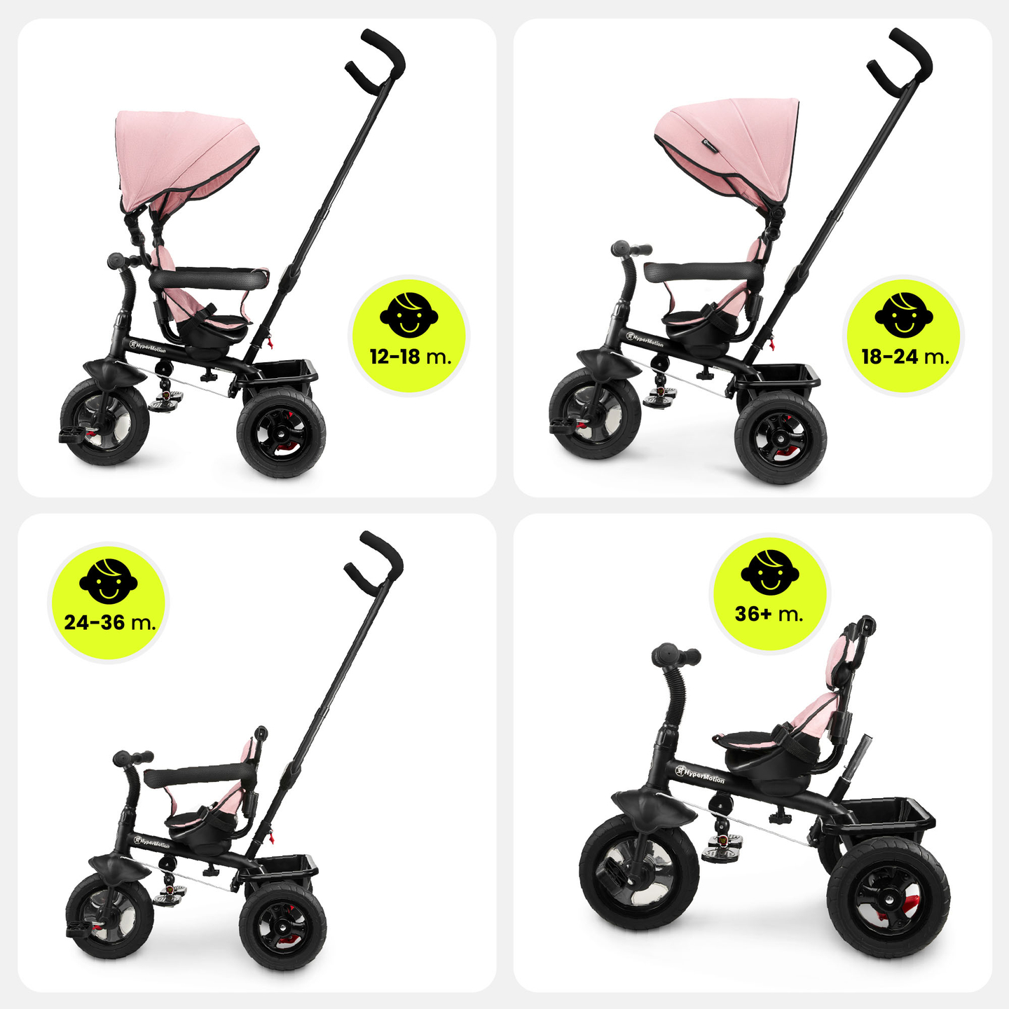 Triciclo para crianças de 1 a 4 anos - TOBI FREY - rosa - giratório - rodas infláveis + empurrador