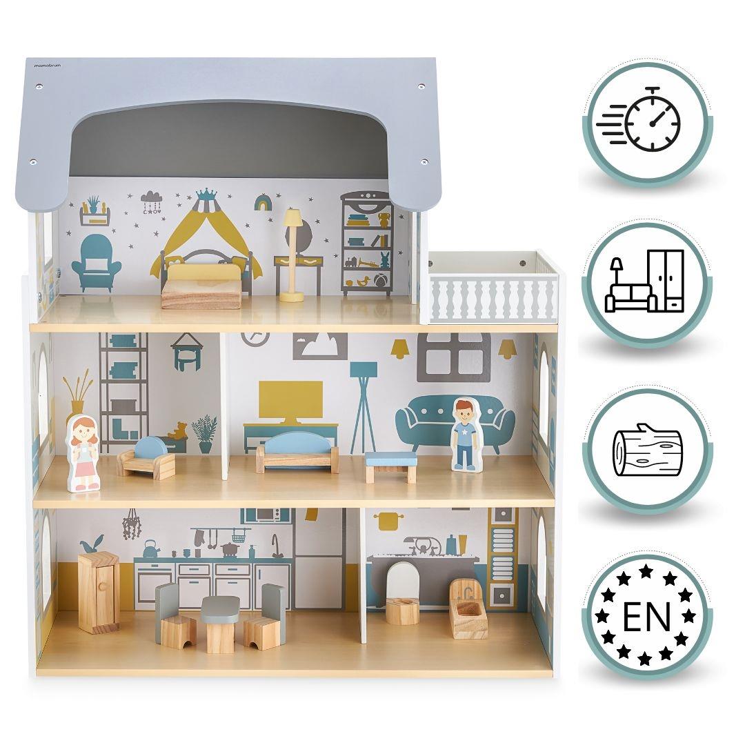 Casa de bonecas de madeira branca com terraço e acessórios