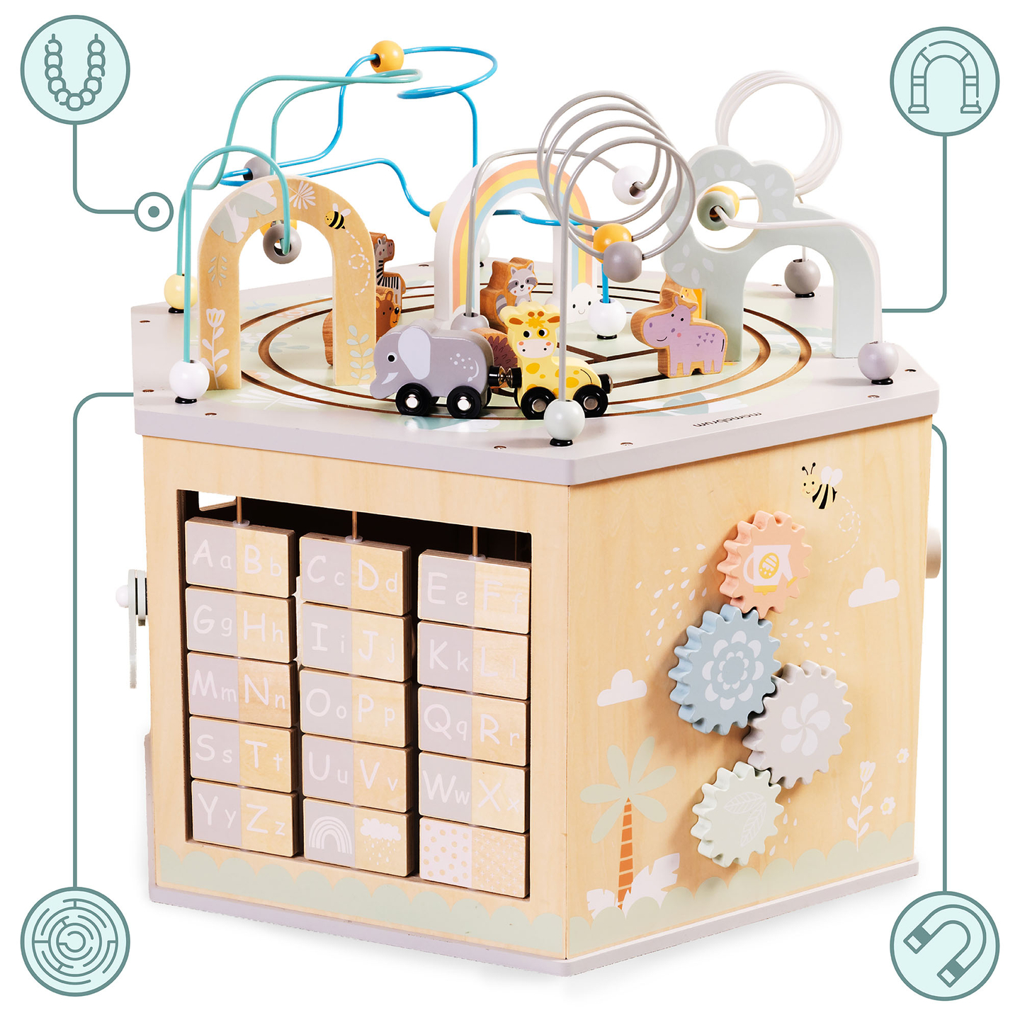 Grande cubo educacional de madeira - um brinquedo Montessori com um trem magnético e laços de motor