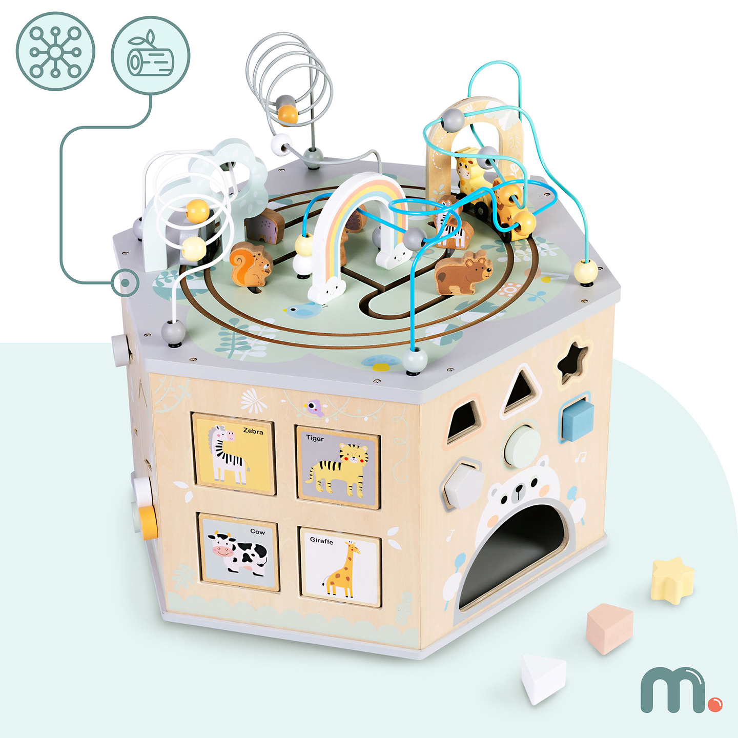 Grande cubo educacional de madeira - um brinquedo Montessori com um trem magnético e laços de motor