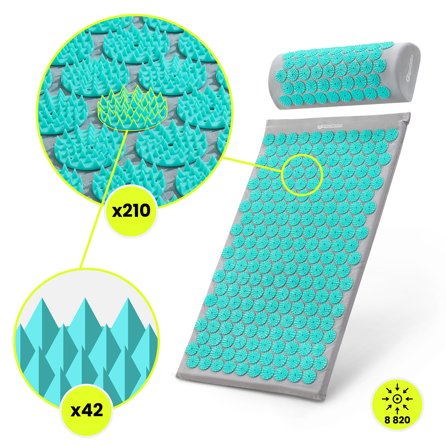 Tapete de acupressão com almofada e capa - 72 cm HyperMotion cinza-menta