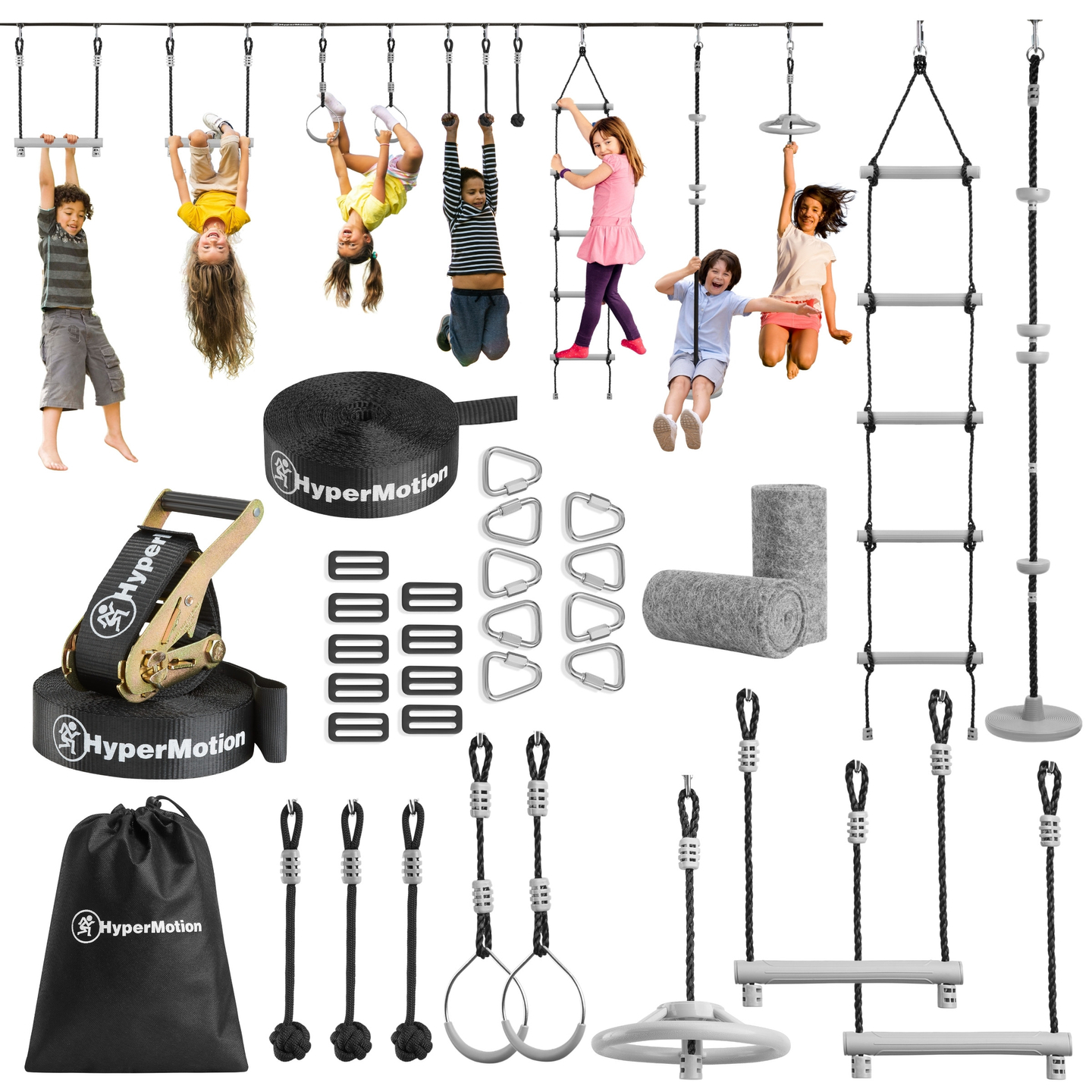 Pista de obstáculos ninja para crianças - Conjunto de slackline HyperMotion - 10 obstáculos