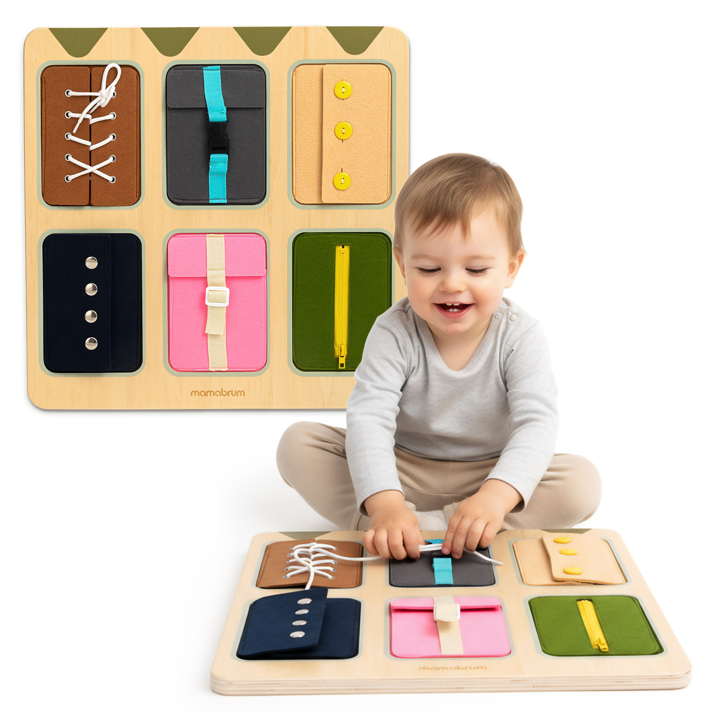 Quadro de atividades Montessori de madeira – Aprendizagem sensorial da independência – cadarços, fivelas, botões, fechos de pressão, zíper