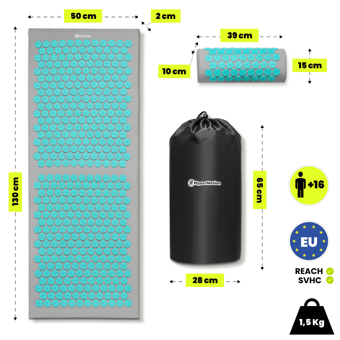 Tapete de acupressão grande com almofada e capa - 130 cm HyperMotion cinza-menta