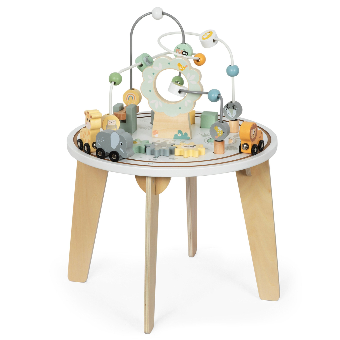 Mesa educacional redonda de madeira com trem magnético e lançador de contas
