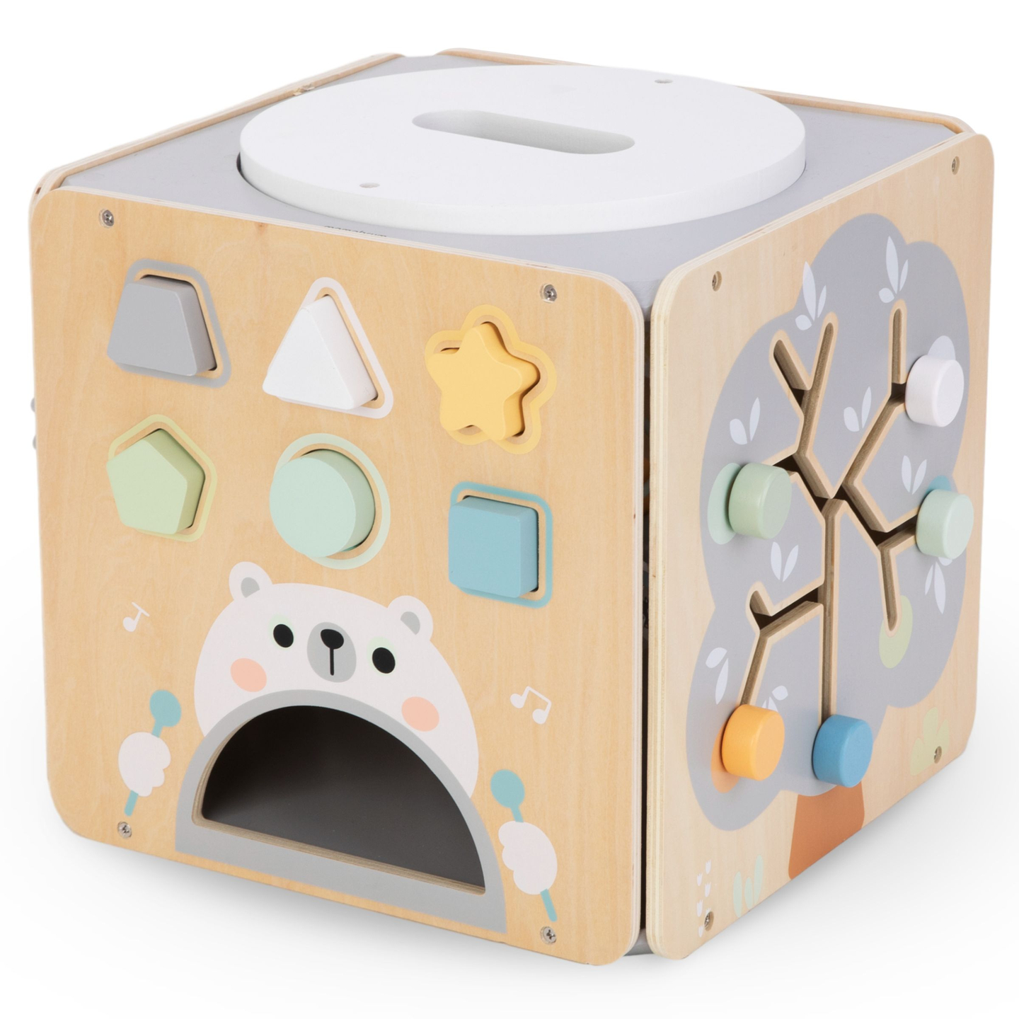 Grande cubo de atividades de madeira com laço - Montessori