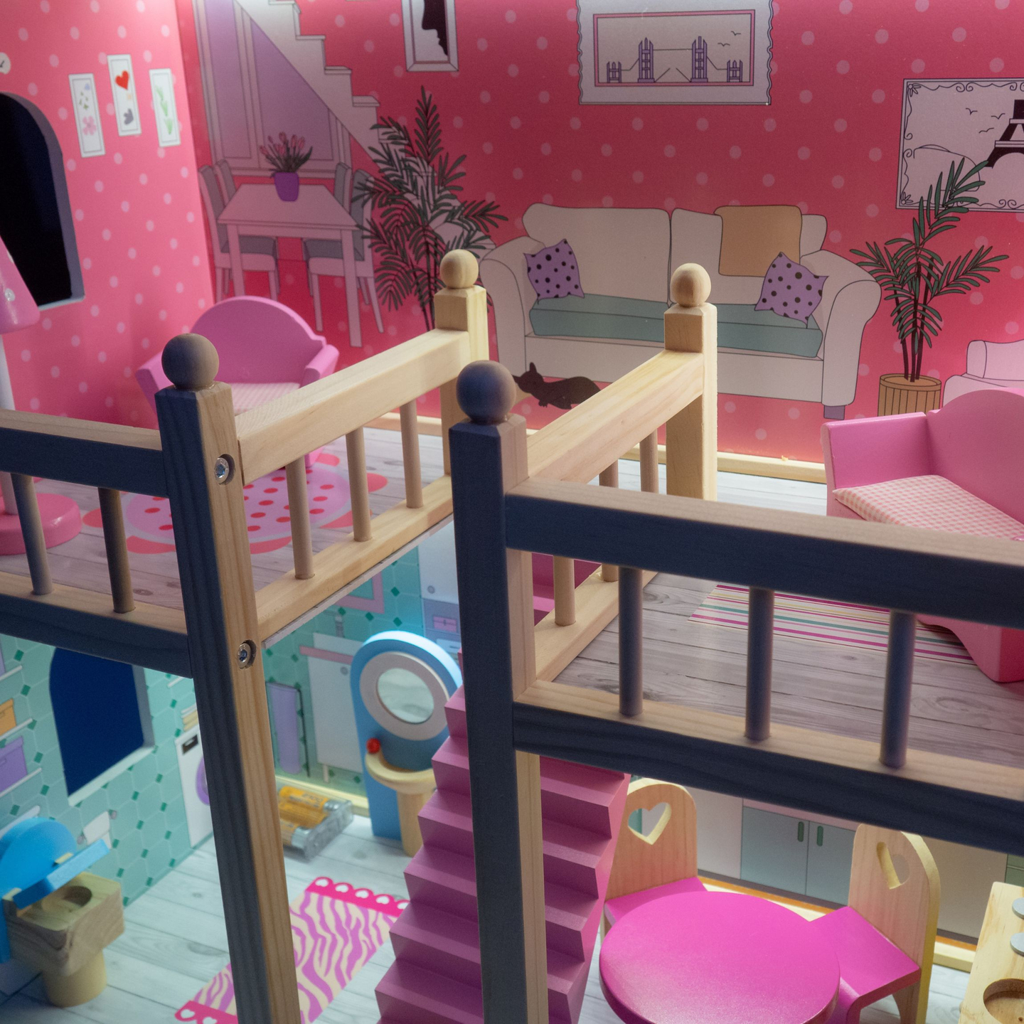 Grande casa de bonecas de madeira de 3 andares com terraço, conjunto de móveis e iluminação LED!