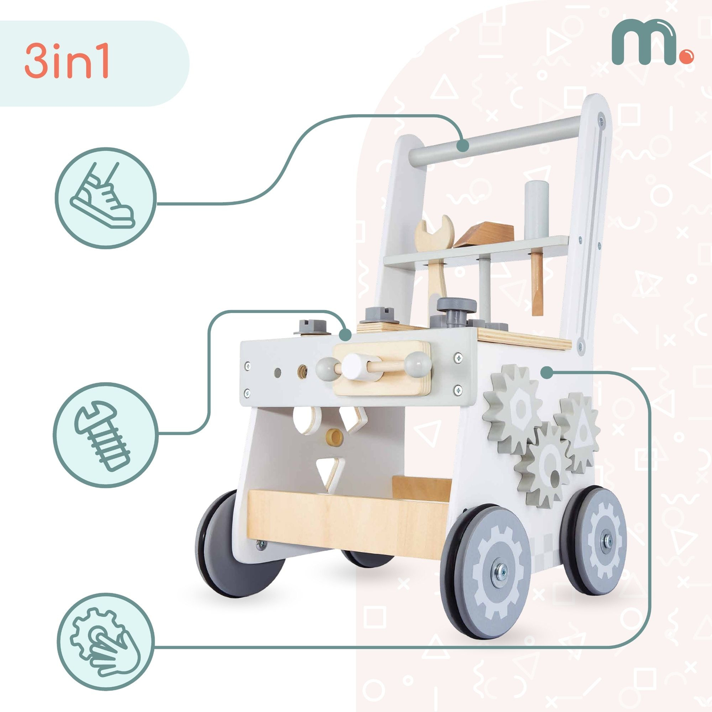 Andador de madeira 3 em 1, empurrador + oficina - 47 elementos