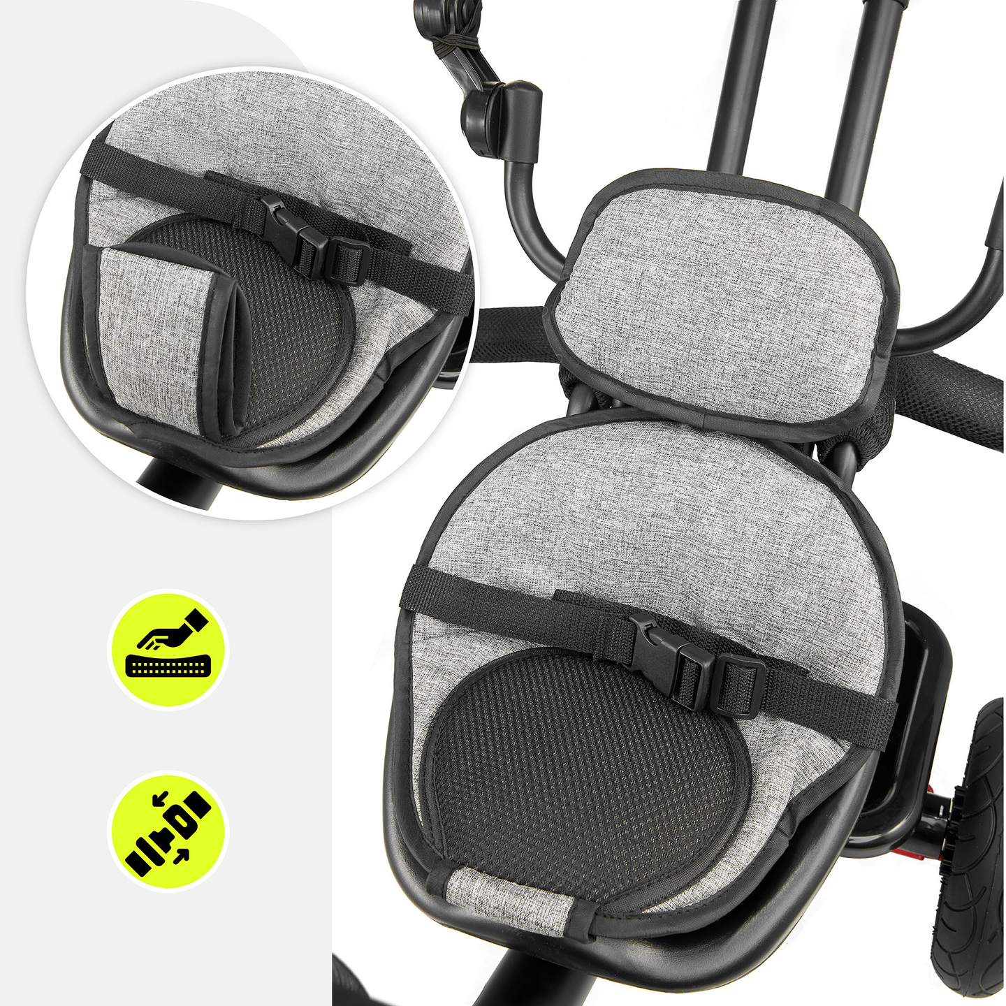 Triciclo para crianças de 1 a 4 anos - TOBI FREY - cor cinza - giratório - rodas infláveis + empurrador