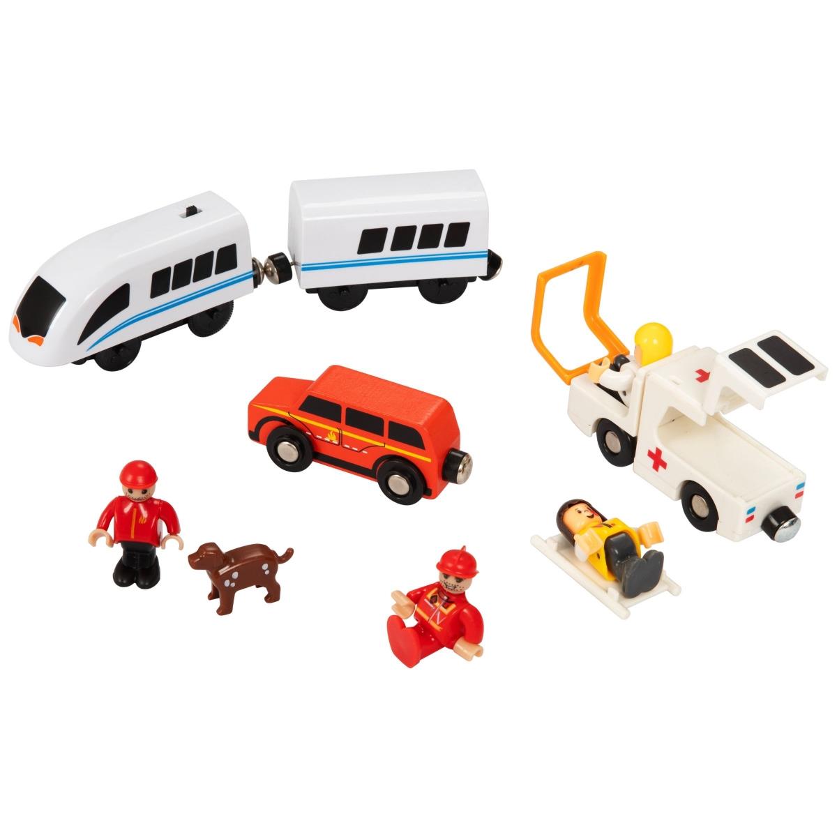 Trem de madeira, trem movido a bateria - Corpo de Bombeiros, trilhos, carros, pontes, barreira