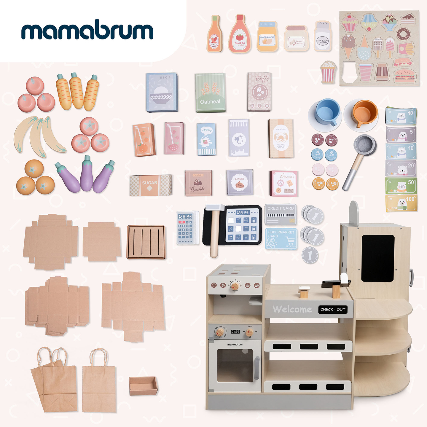 Grande loja de madeira XXXL para crianças com bar de comida rápida - Loja de esquina + Máquina de café + Forno + Frigorífico - 106 ac.