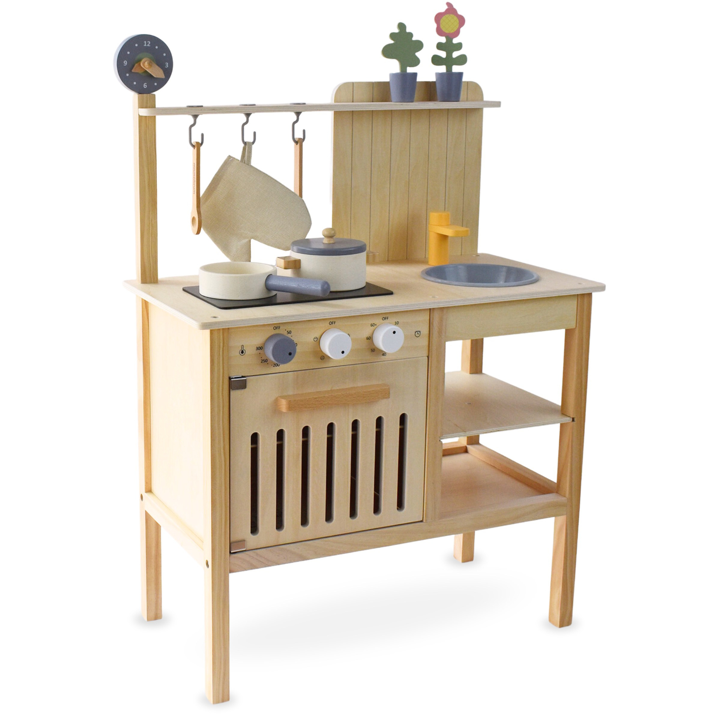 Cozinha de jardim em madeira com acessórios - boho natural