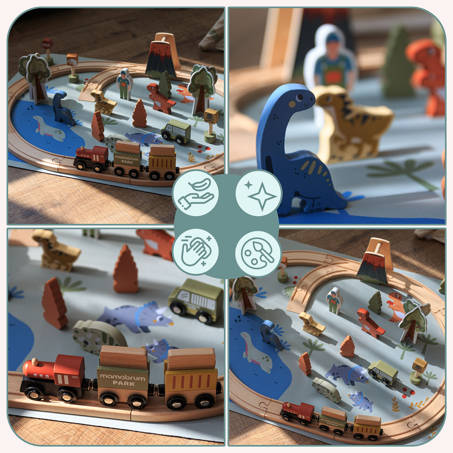 Trem de madeira Dino Park com tapete antiderrapante - dinossauros, trem, trilhos, vulcão, sino