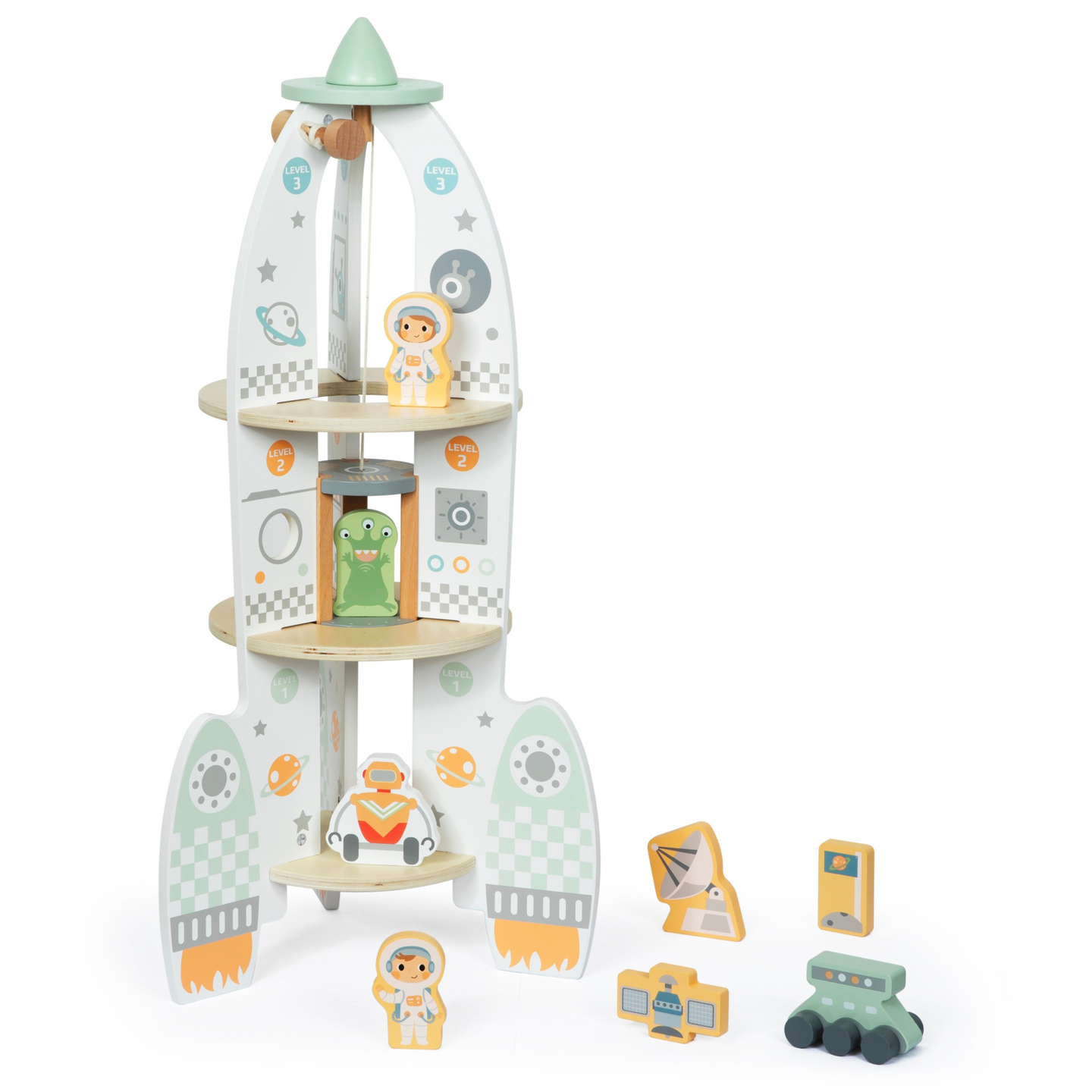 Grande foguete espacial de madeira com elevador e acessórios - XXL