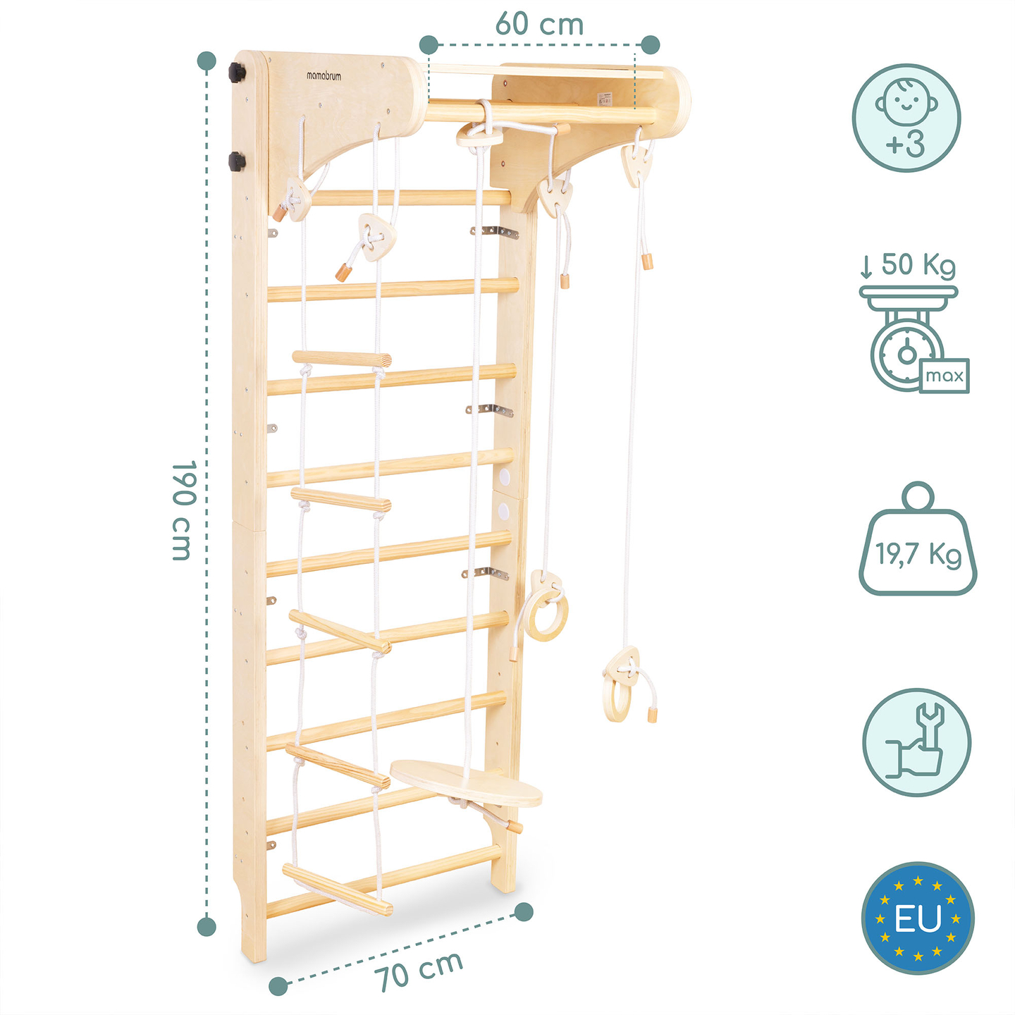 Escada de ginástica de madeira para crianças com acessórios - um balanço de prato, argolas de ginástica e uma escada de corda