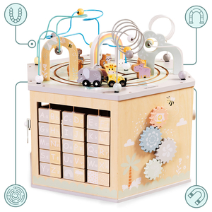 Grande cubo educacional de madeira - um brinquedo Montessori com um trem magnético e laços de motor