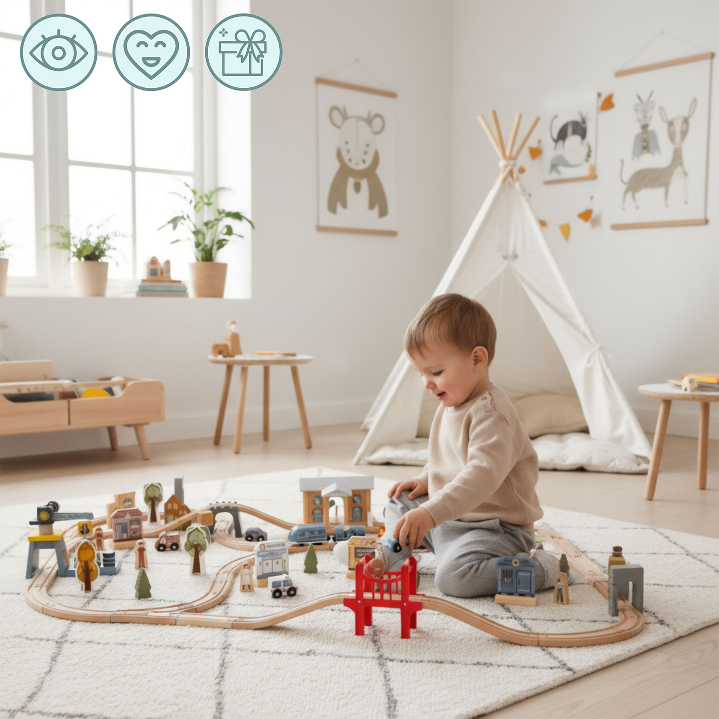 Ferrovia urbana de madeira com trem elétrico - guindaste móvel, navio, pontes